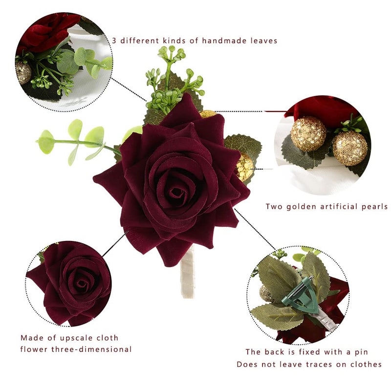 Campsis Wedding Boutonniere Red Rose Corsage Buttonholes Flower Groom Groomsman Best Man Wedding Flowers Accessories for Groom Groomsmen Prom (Red Wine) - Image 4